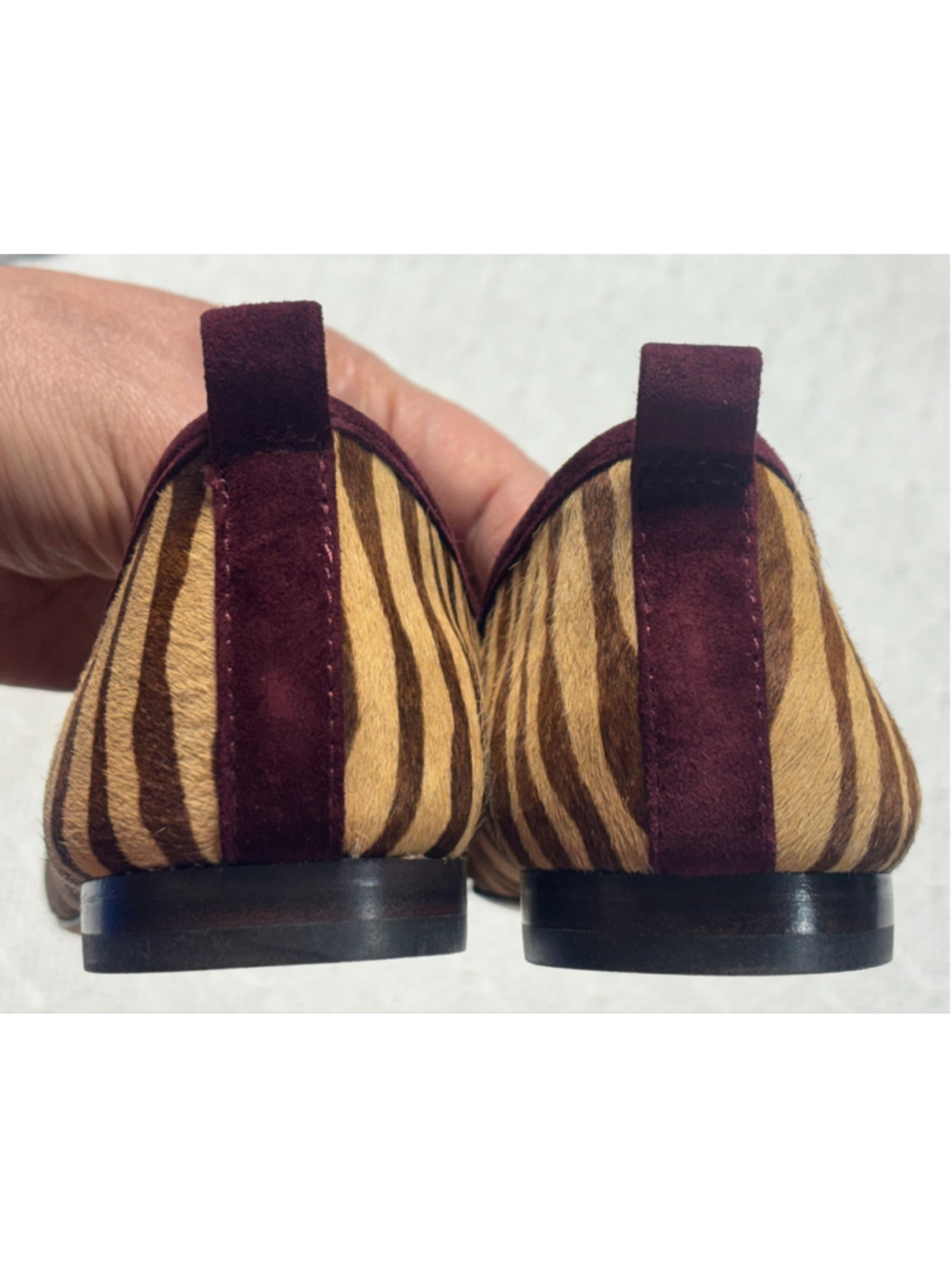 J. McLaughlin Anastasia Zebra Calf Hair Ballet Flats Brown Burgundy Bow NWD 7 - Picture 4 of 8